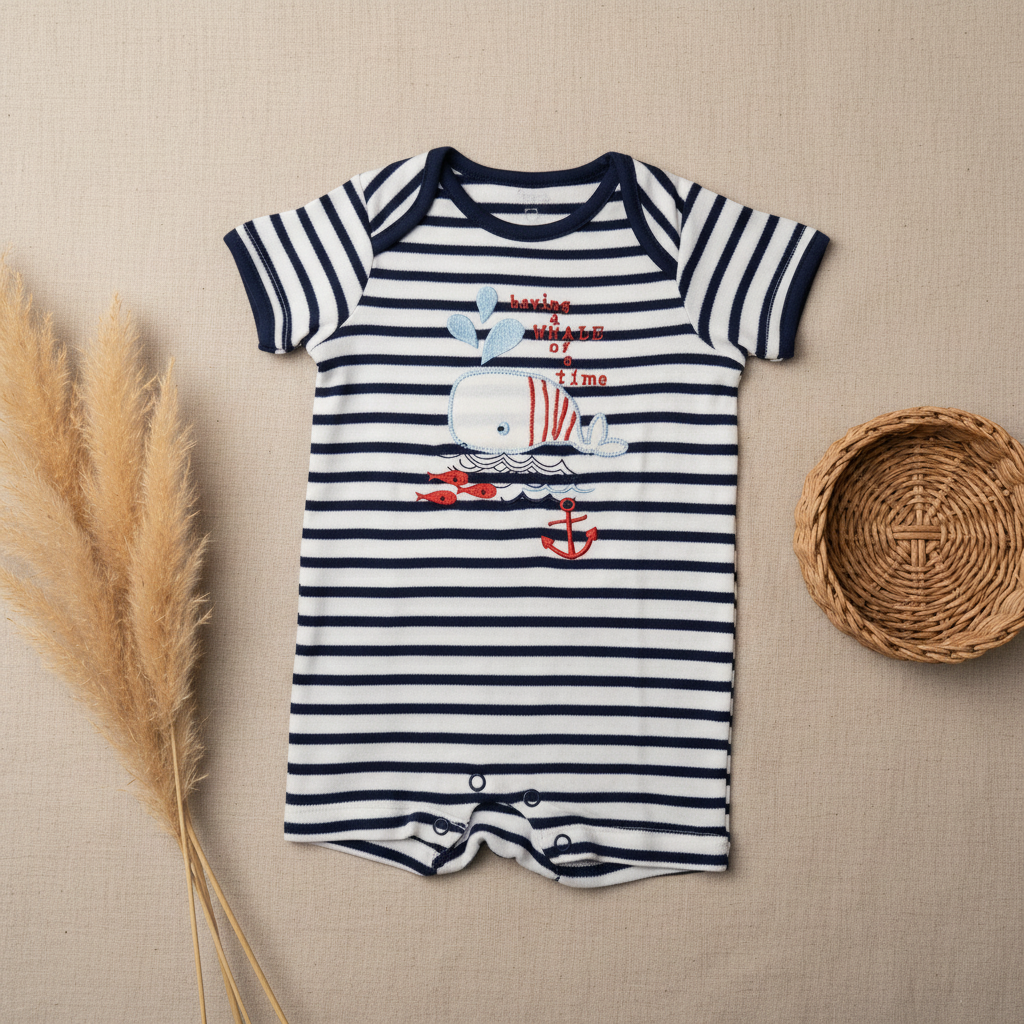 Barboteuse rayée marine baleine "Having a whale of a time" – fond bohème