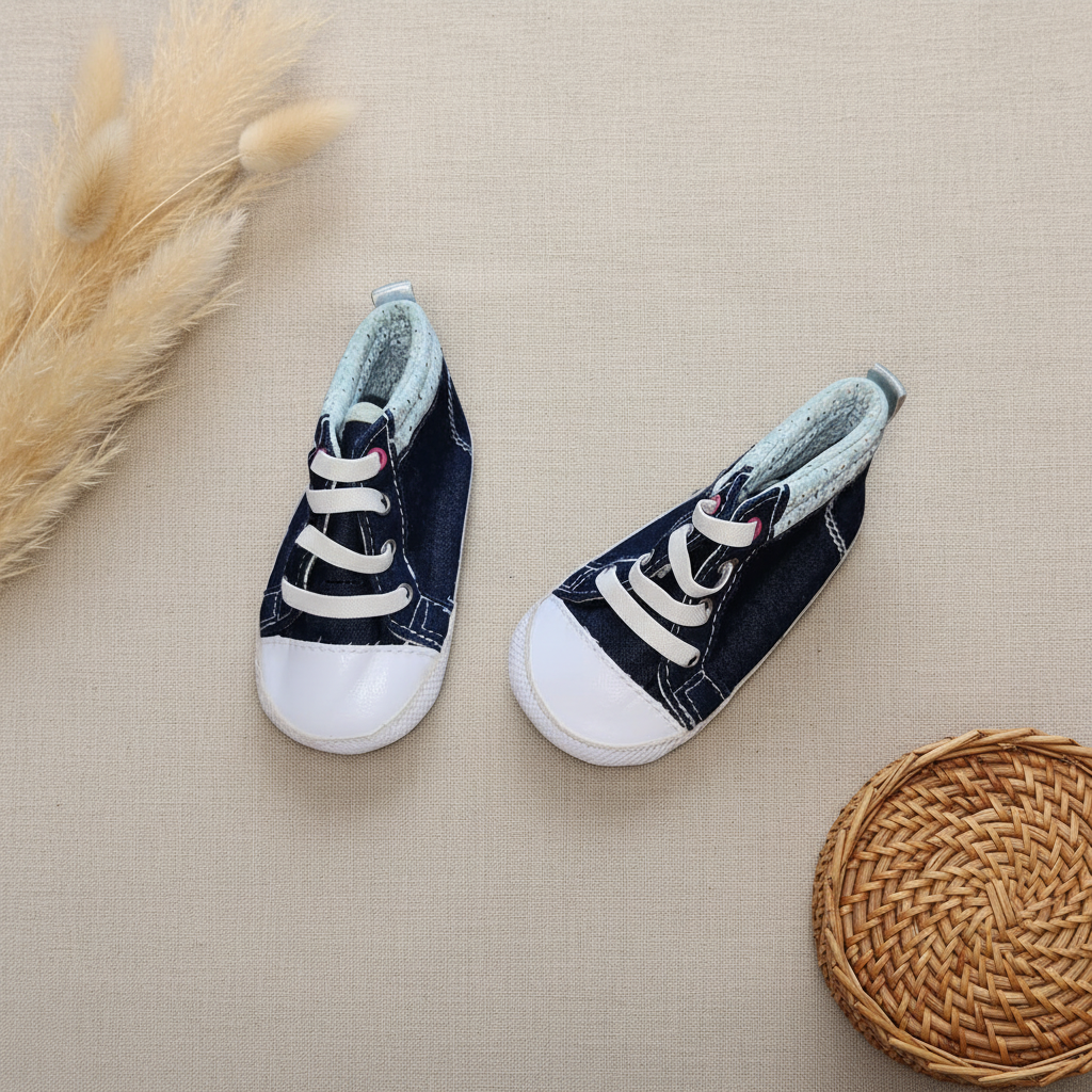Baskets montantes jean marine lacets blancs bébé – fond bohème
