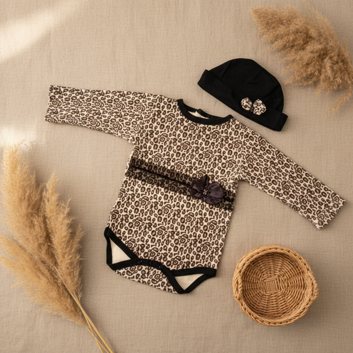 Body léopard + bonnet noir – fond bohème