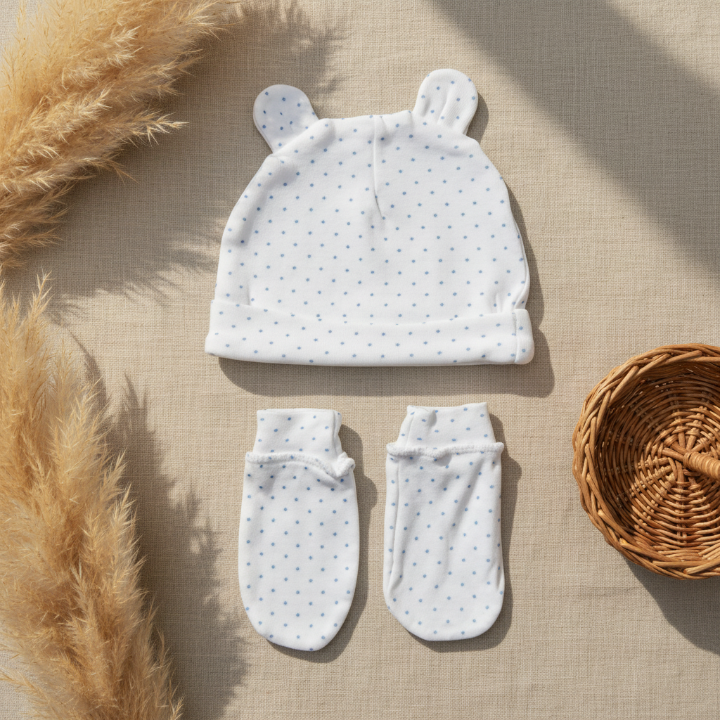 Bonnet + moufles blanc étoiles oreilles ours – fond bohème