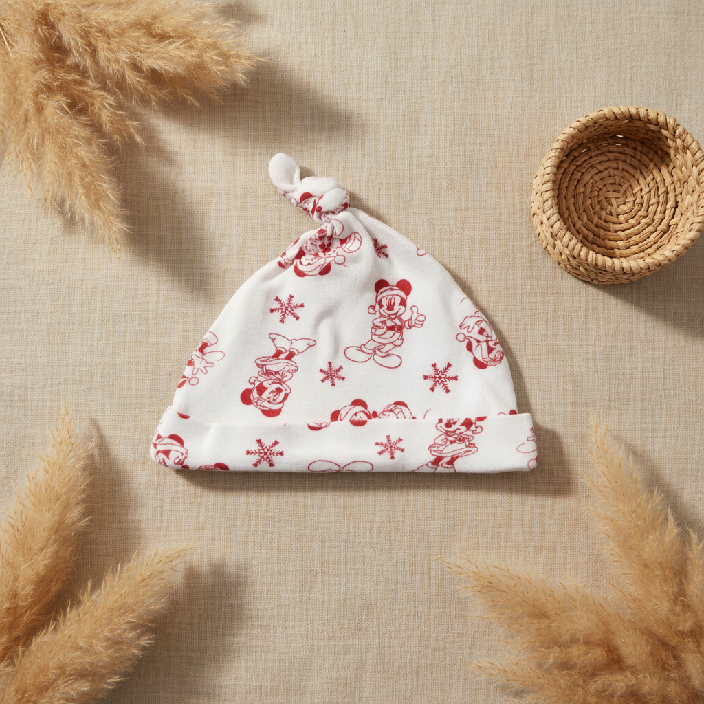Bonnet noué blanc imprimé Noël – fond bohème