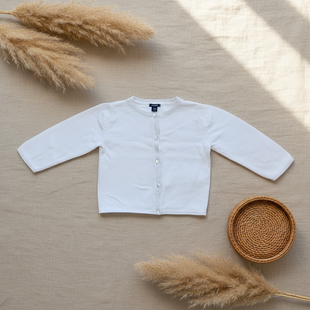 Cardigan blanc Kiabi boutons nacrés – fond bohème