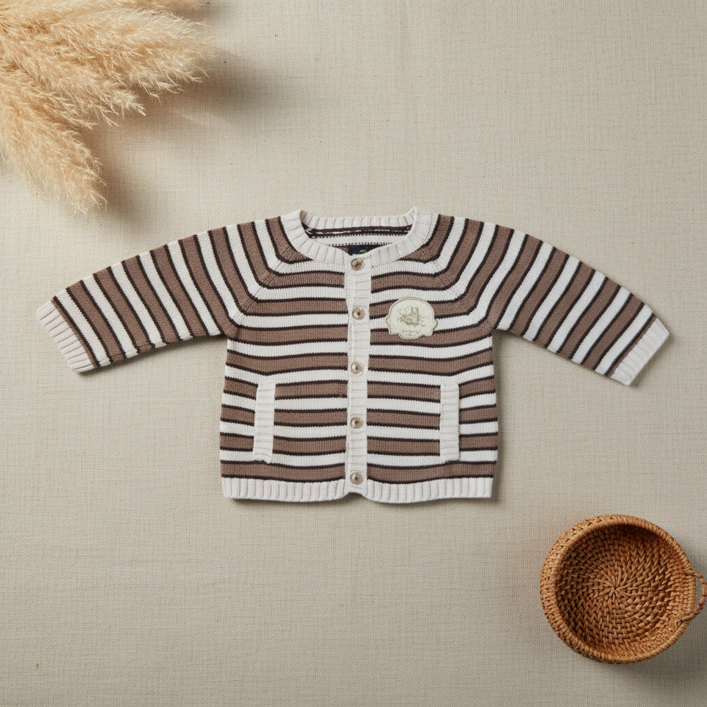 Cardigan rayé marron blanc boutons – fond bohème