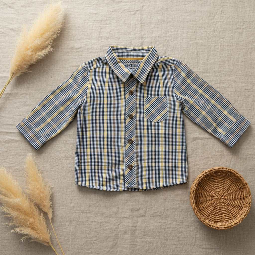 Chemise carreaux bleu jaune Baby Gap – fond bohème