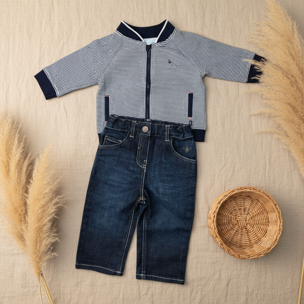 Ensemble 2 pièces veste rayée marine + jean – fond bohème