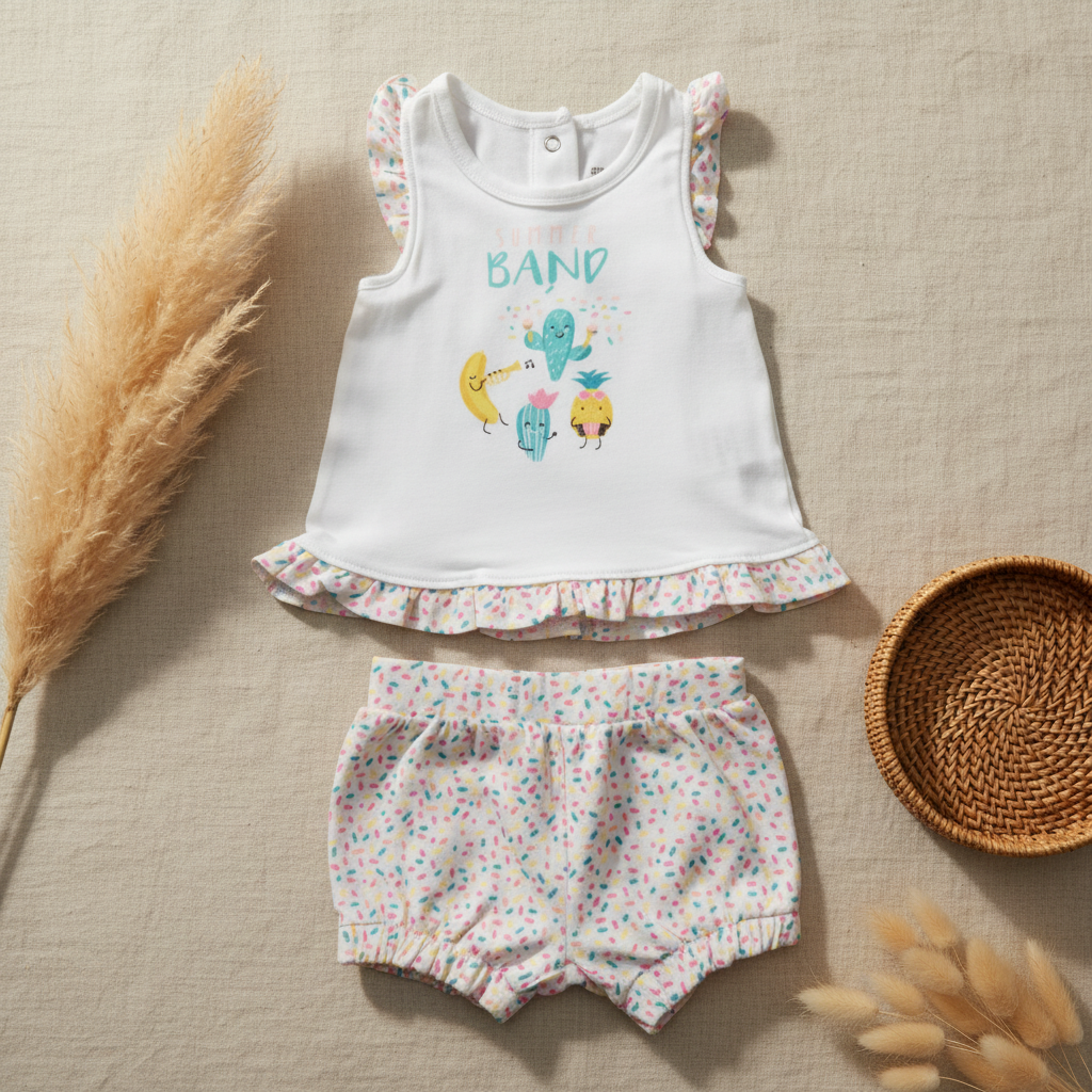 Ensemble fille blanc "BAND" fruits musiciens + bloomer confettis – fond bohème