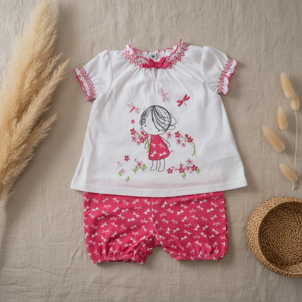 Ensemble fille blanc/rose libellules broderie – fond bohème
