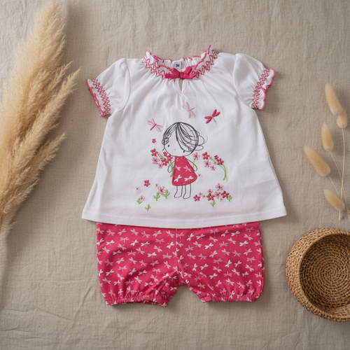 Ensemble fille blanc/rose libellules broderie – fond bohème