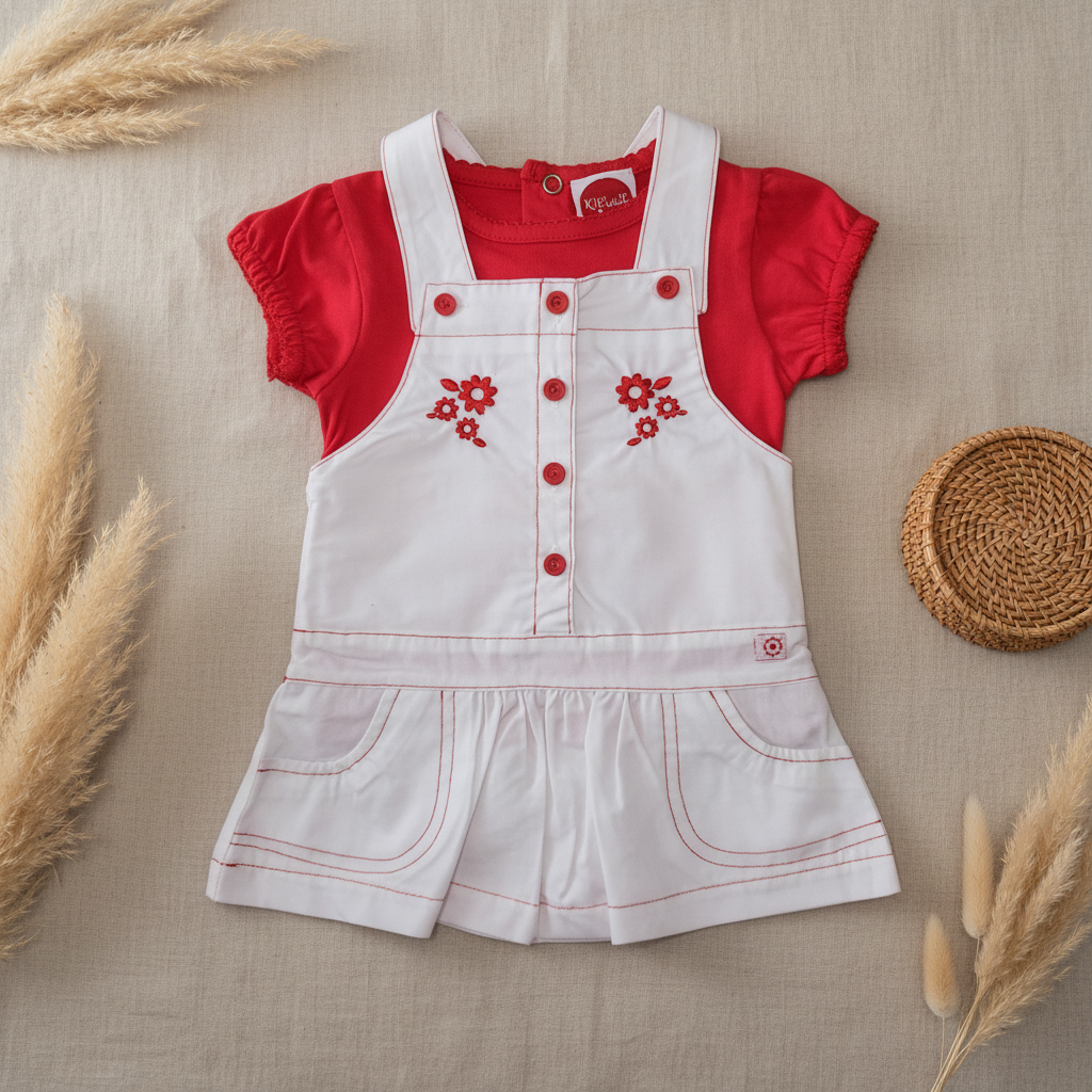Ensemble Kitiwali rouge blanc salopette marguerites – fond bohème