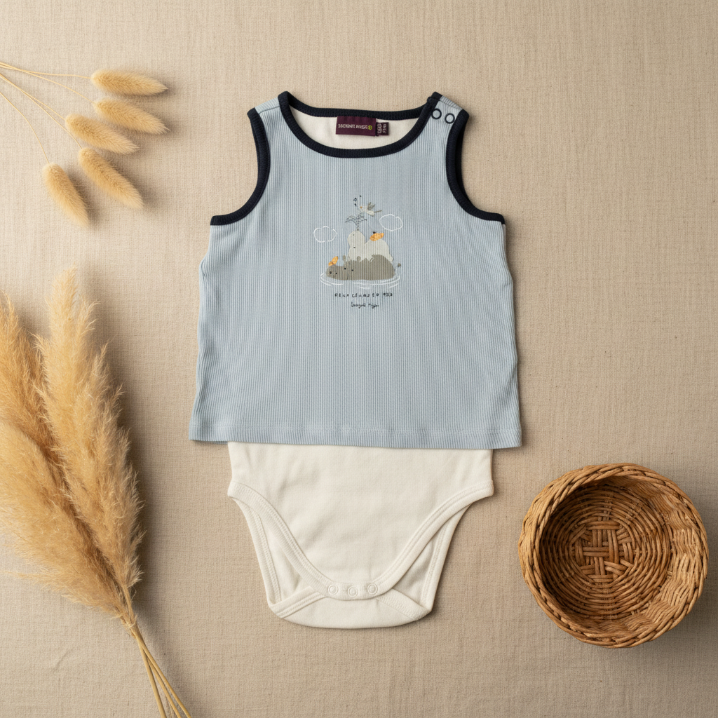 Ensemble Sergent Major débardeur bleu "Doux Câlins en Mer" + body blanc – fond bohème