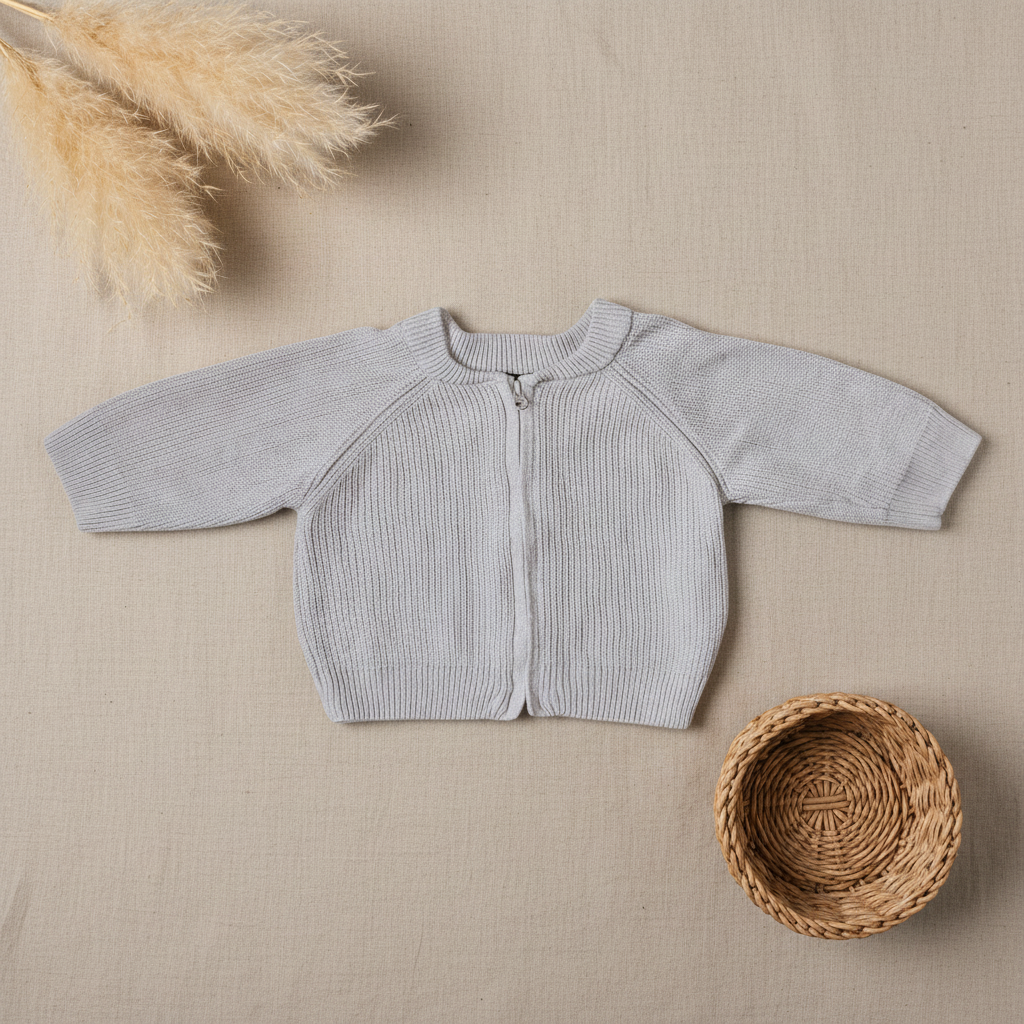 Gilet gris zippé tricot côtelé – fond bohème
