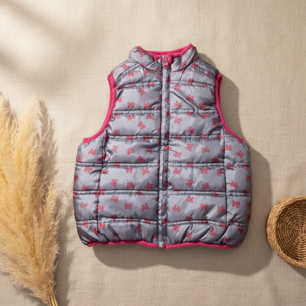 Gilet matelassé gris argenté nœuds roses – fond bohème