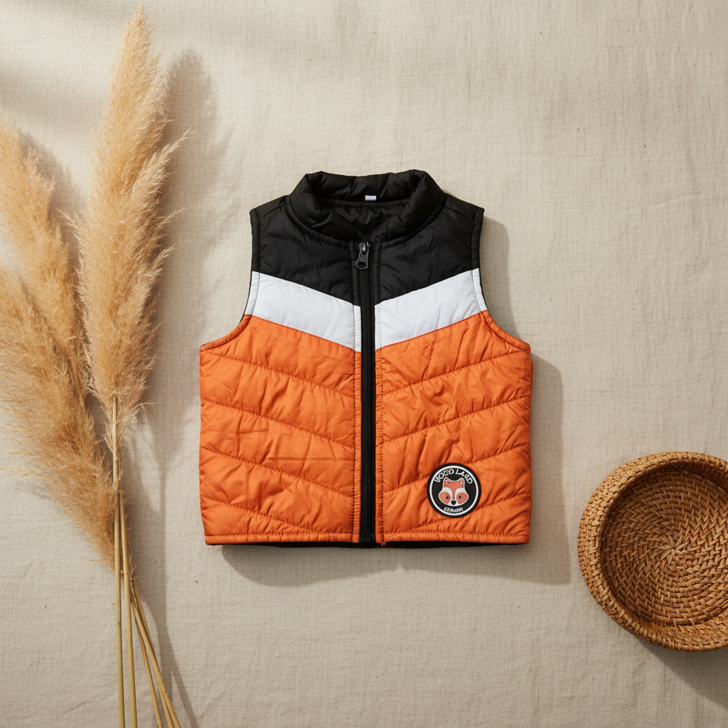 Gilet matelassé tricolore noir blanc orange "Wood Land" – fond bohème