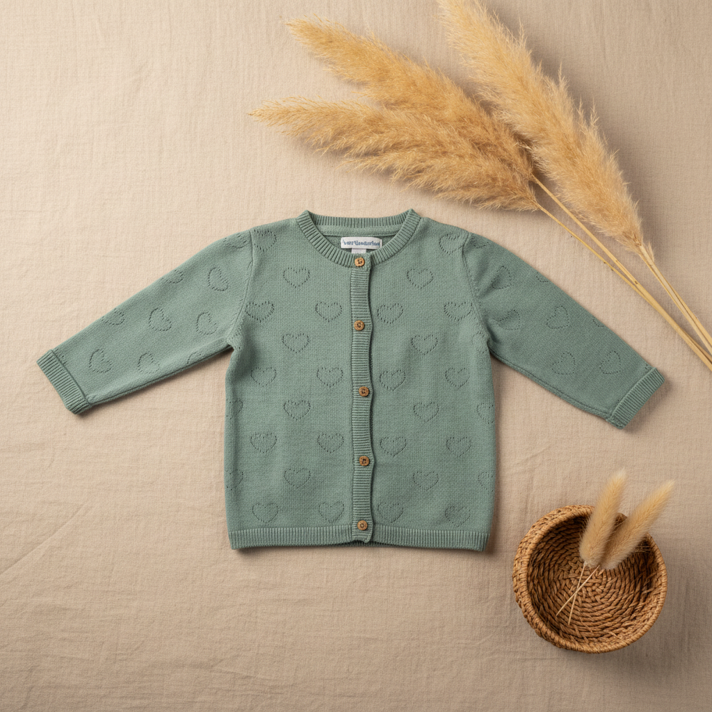 Gilet tricot vert sauge cœurs Vertbaudet – fond bohème