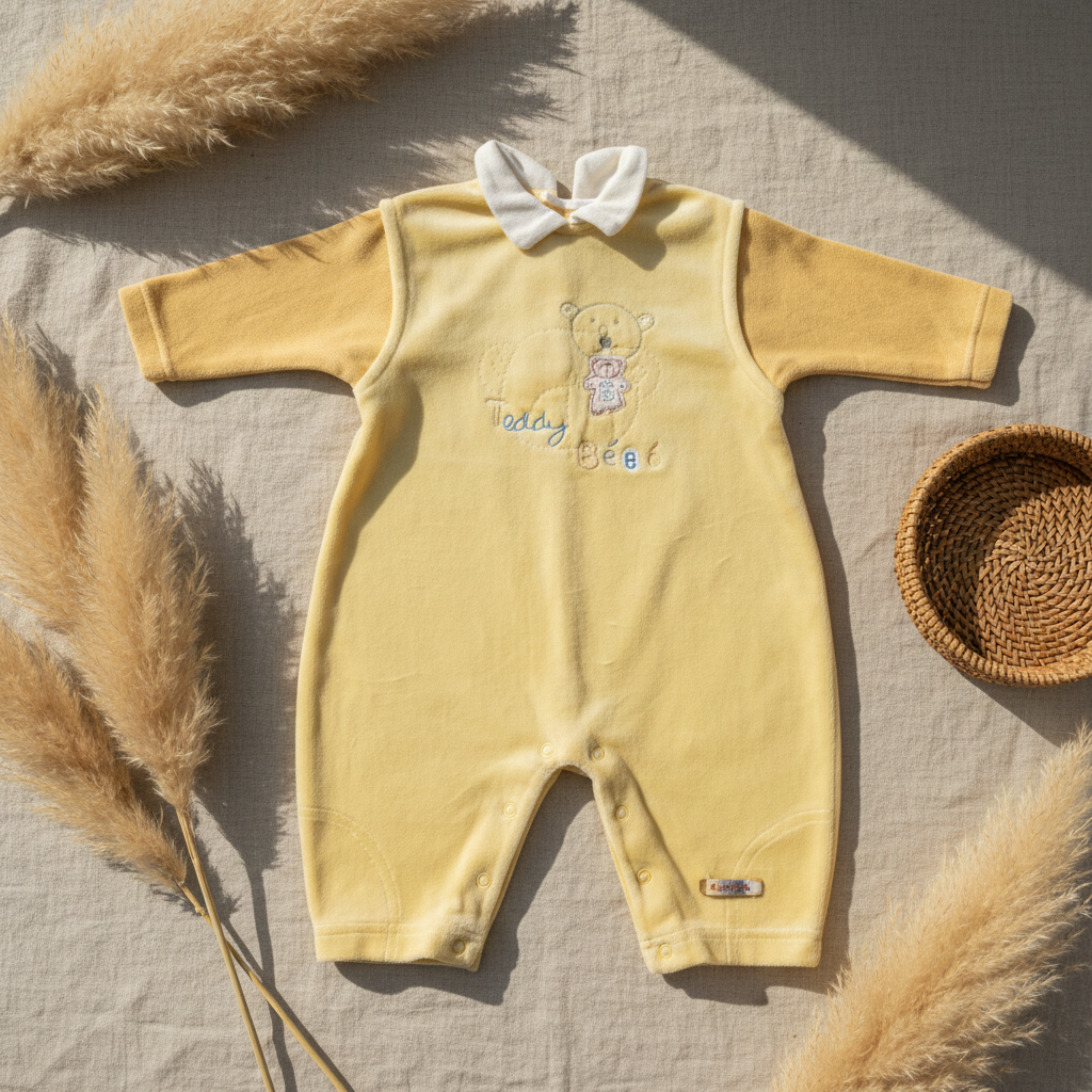 Grenouillère velours jaune "Teddy Bébé" col claudine nœud – fond bohème