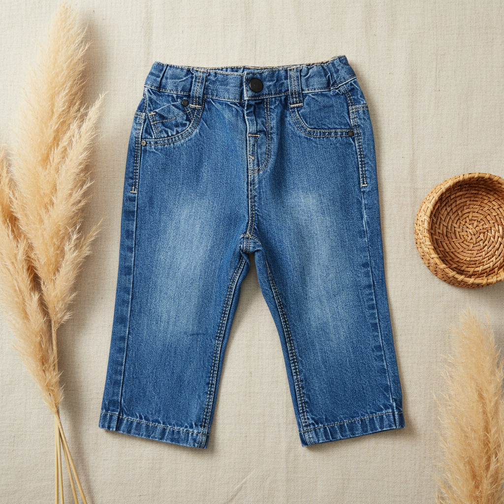 Jean bébé bleu délavé bouton noir – fond bohème