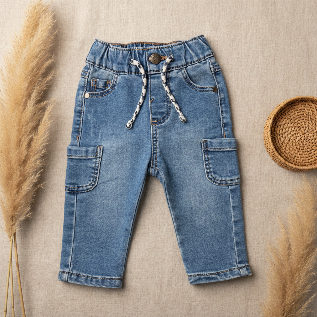 Jean cargo bleu garçon bouton bronze cordon – fond bohème