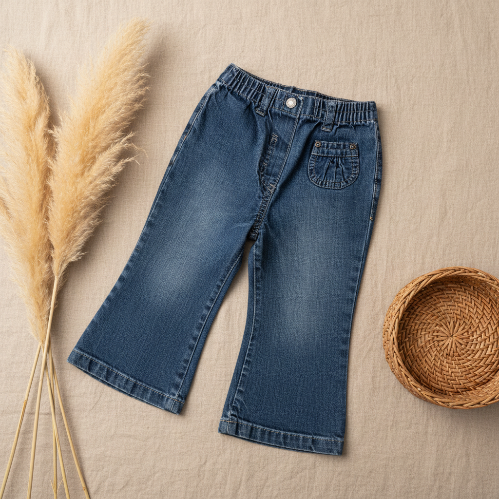 Jean fille bleu évasé bouton central – fond bohème