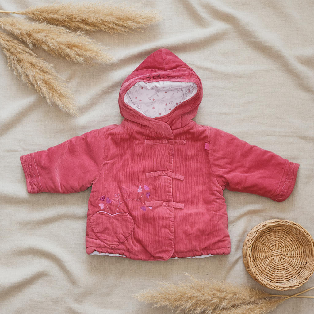 Manteau corduroy rose à capuche cœurs brodés – fond bohème