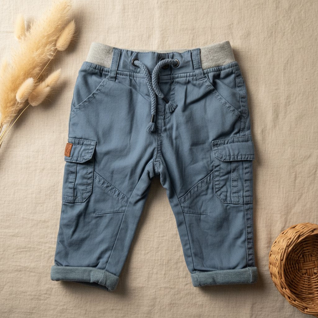 Pantalon cargo bleu ardoise cordon tressé – fond bohème