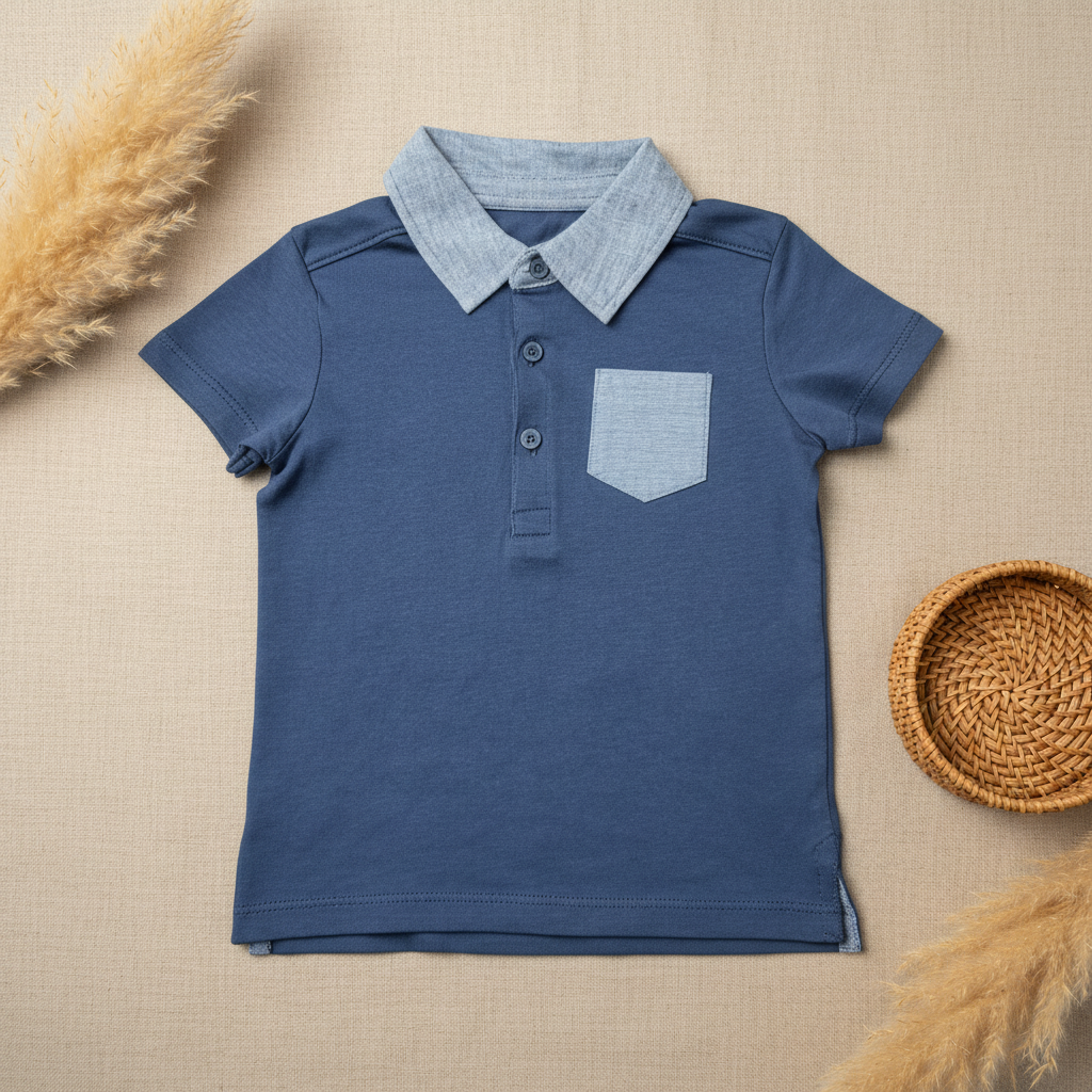 Polo bleu ardoise col gris poche – fond bohème