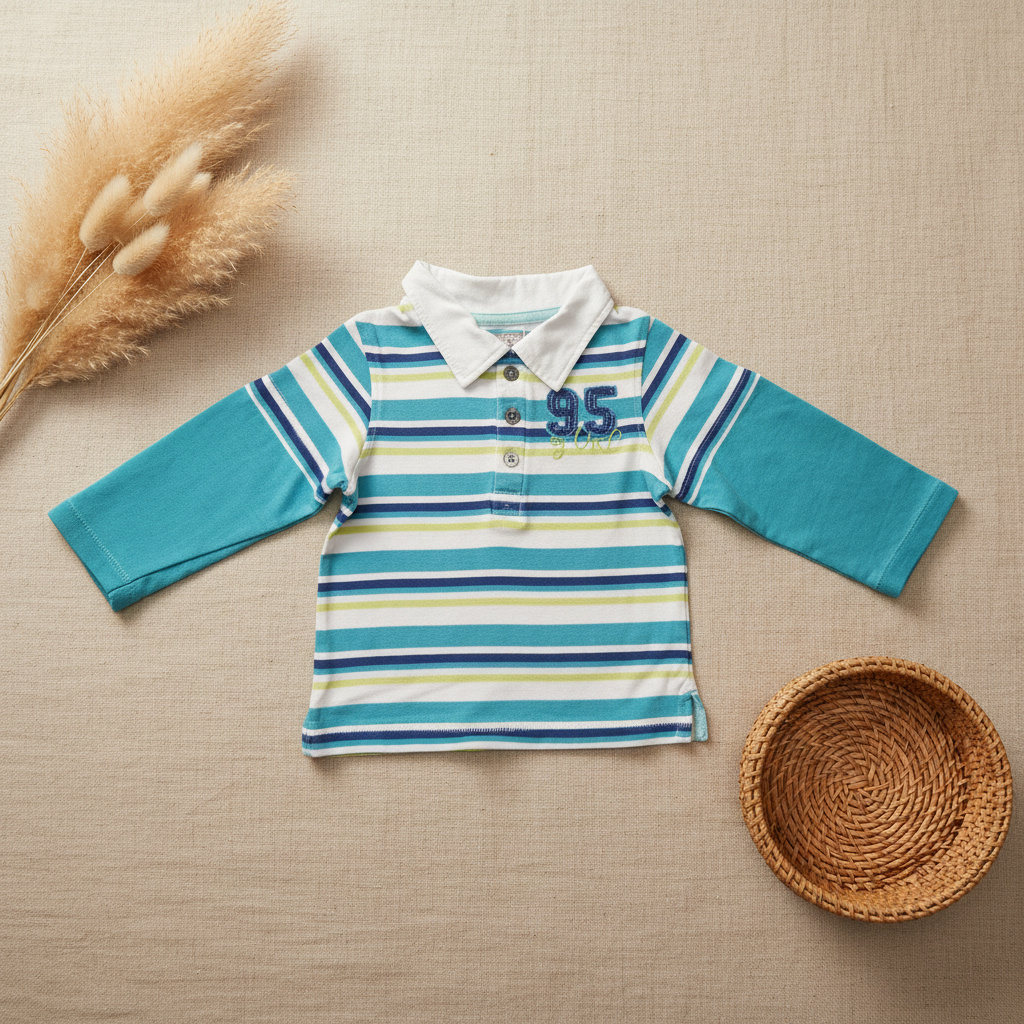 Polo rayé turquoise manches longues "95" – fond bohème