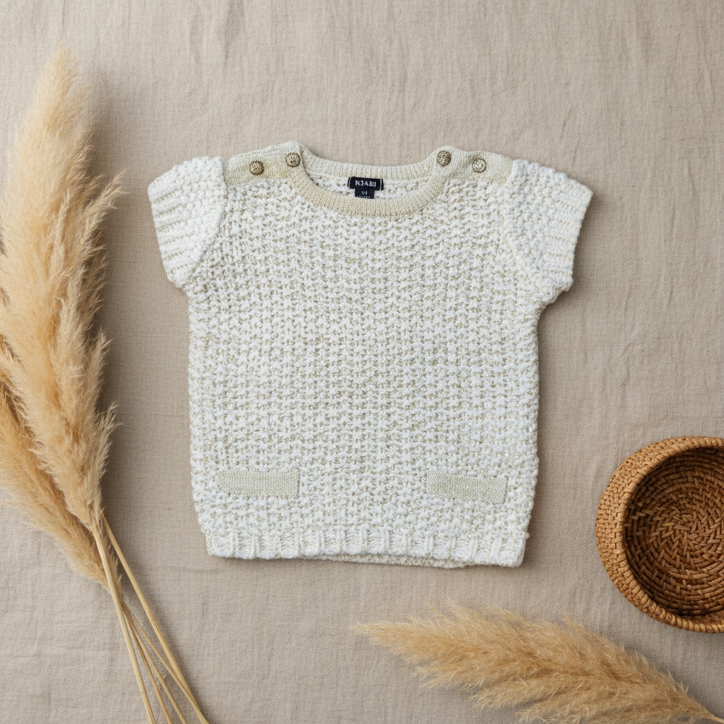Pull Kiabi blanc doré tricot boutons épaule – fond bohème