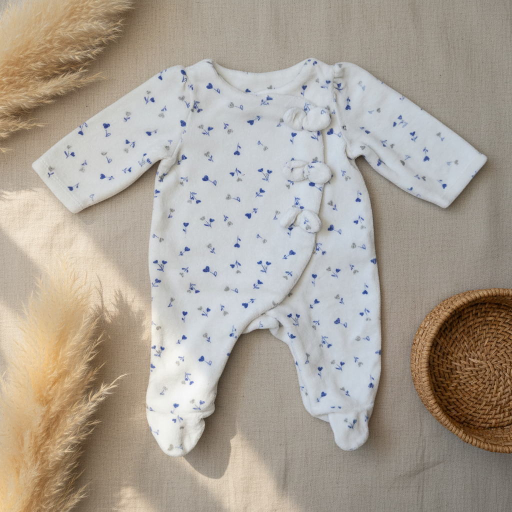 Pyjama blanc fleurs bleues pompons côté – fond bohème