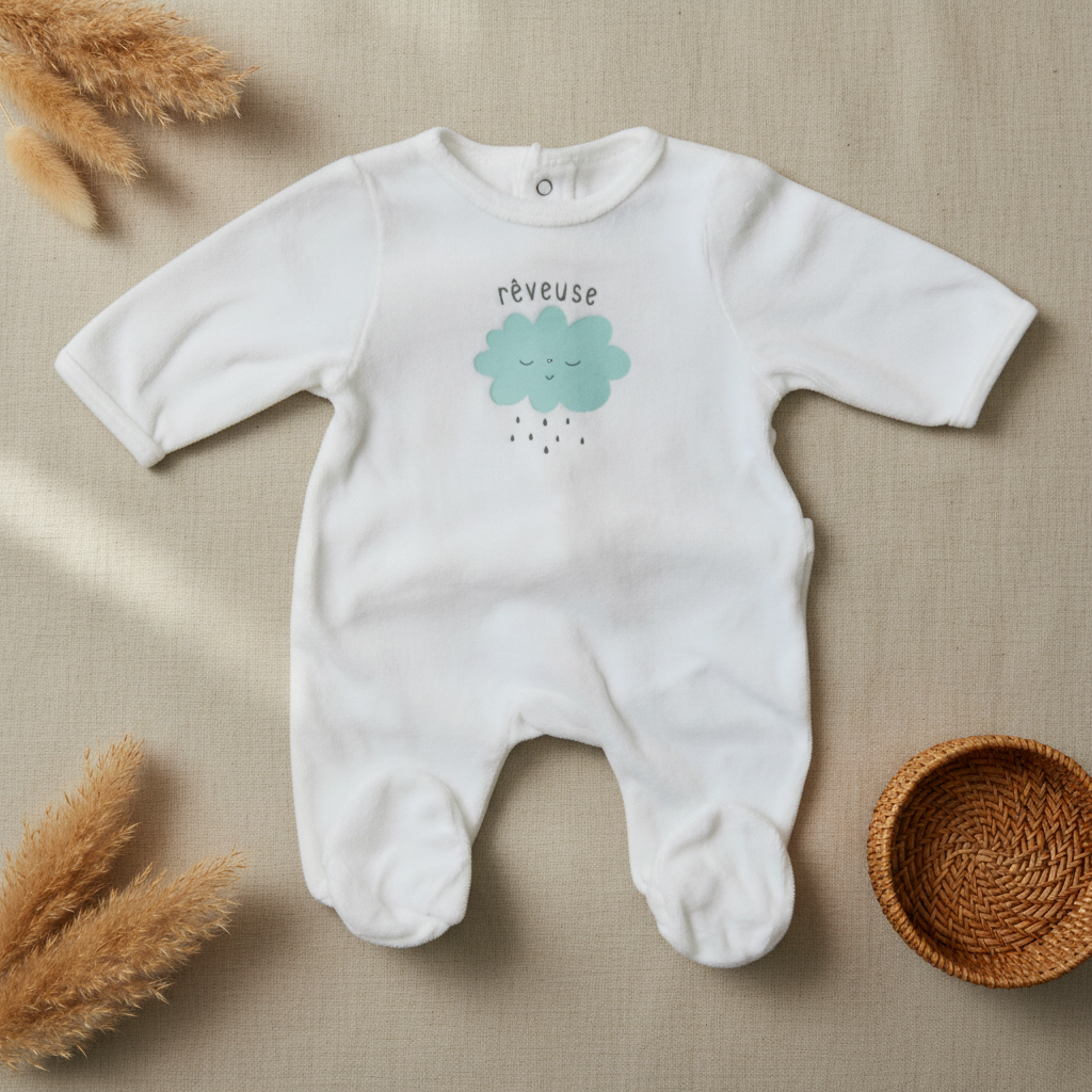 Pyjama blanc "Rêveuse" nuage vert – fond bohème