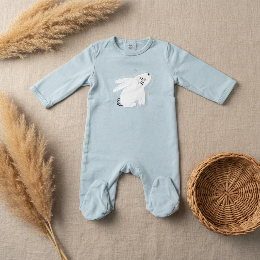 Pyjama bleu poudré lapin blanc – fond bohème