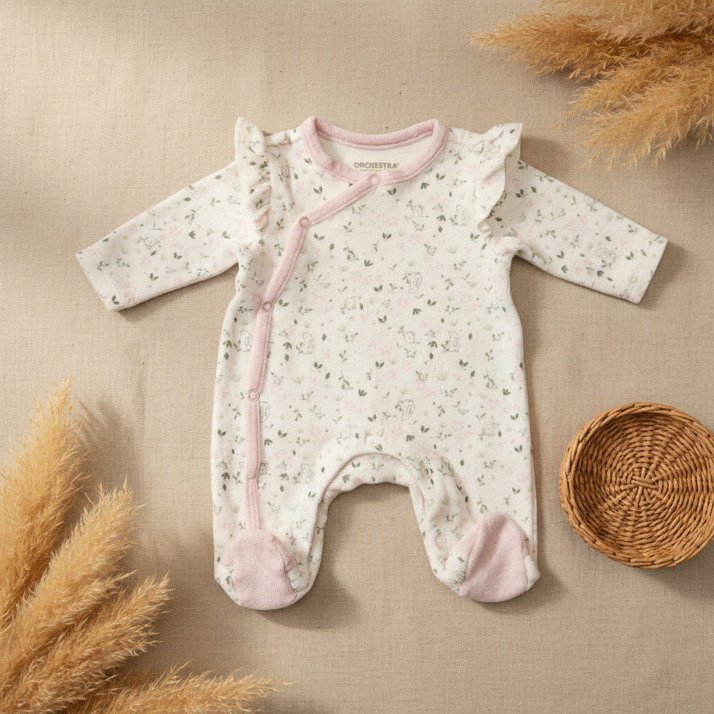 Pyjama Orchestra blanc lapins fleurs volants roses – fond bohème