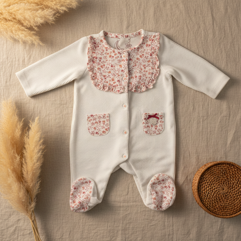 Pyjama velours blanc bavette fleurs roses Lune de Miel – fond bohème