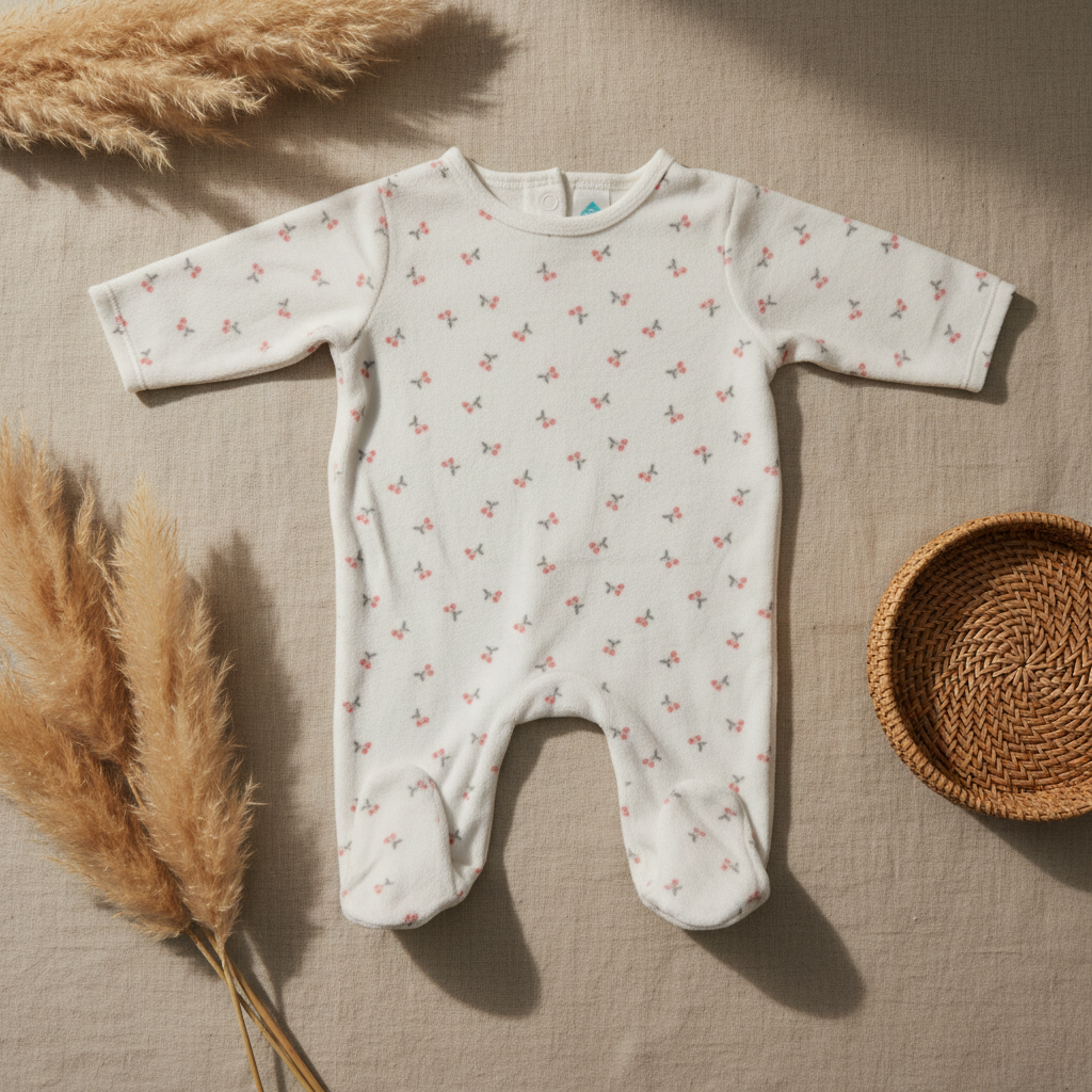 Pyjama velours blanc cerises rouges – fond bohème