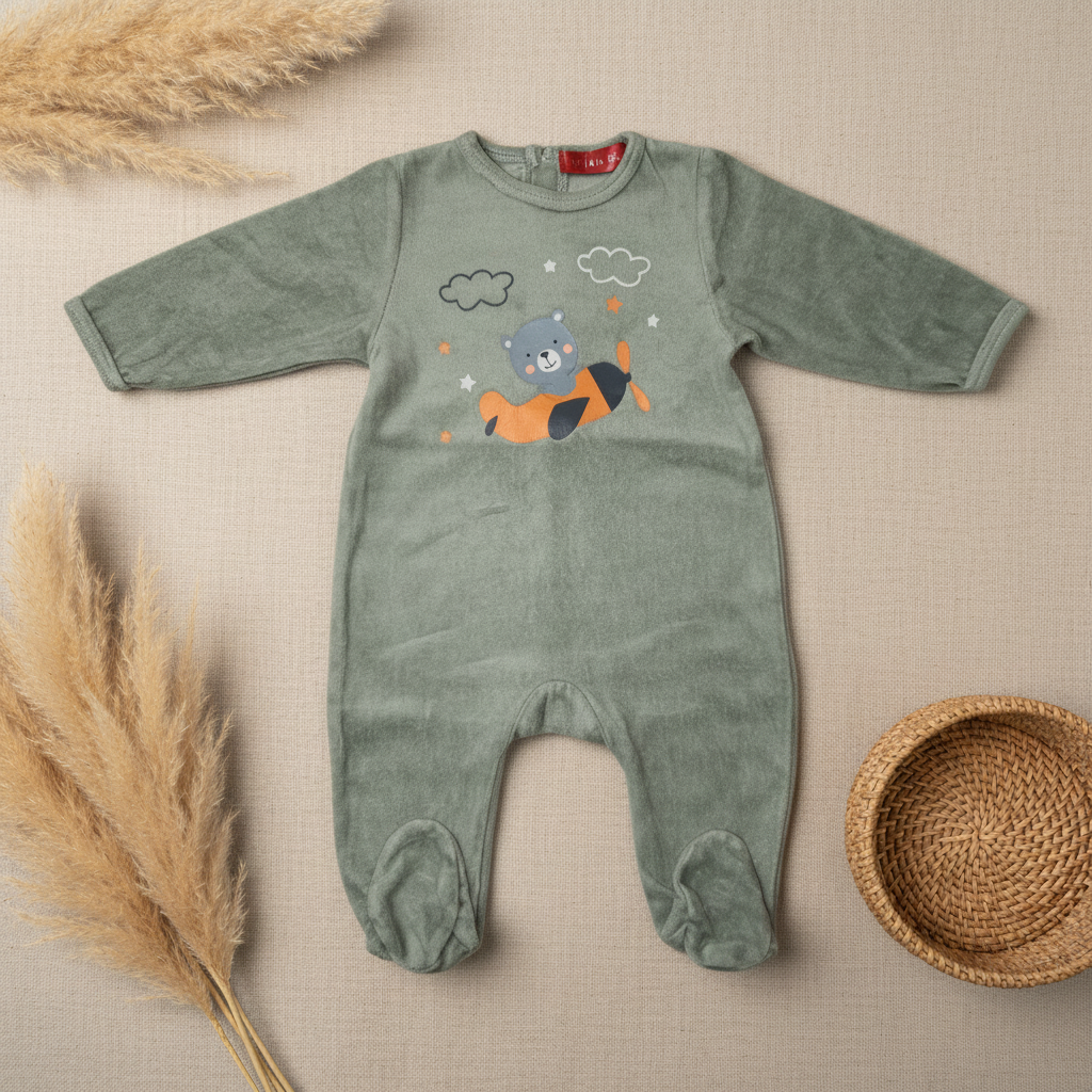 Pyjama velours vert sauge ours fusée étoiles – fond bohème