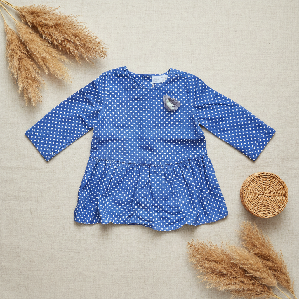 Robe bleue pois blancs fleur grise manches longues – fond bohème