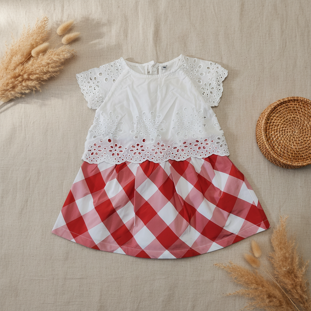 Robe broderie anglaise blanche jupe vichy rouge – fond bohème