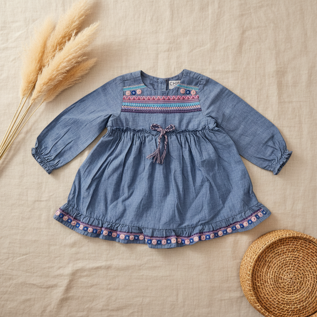 Robe chambray broderies bohème – fond bohème