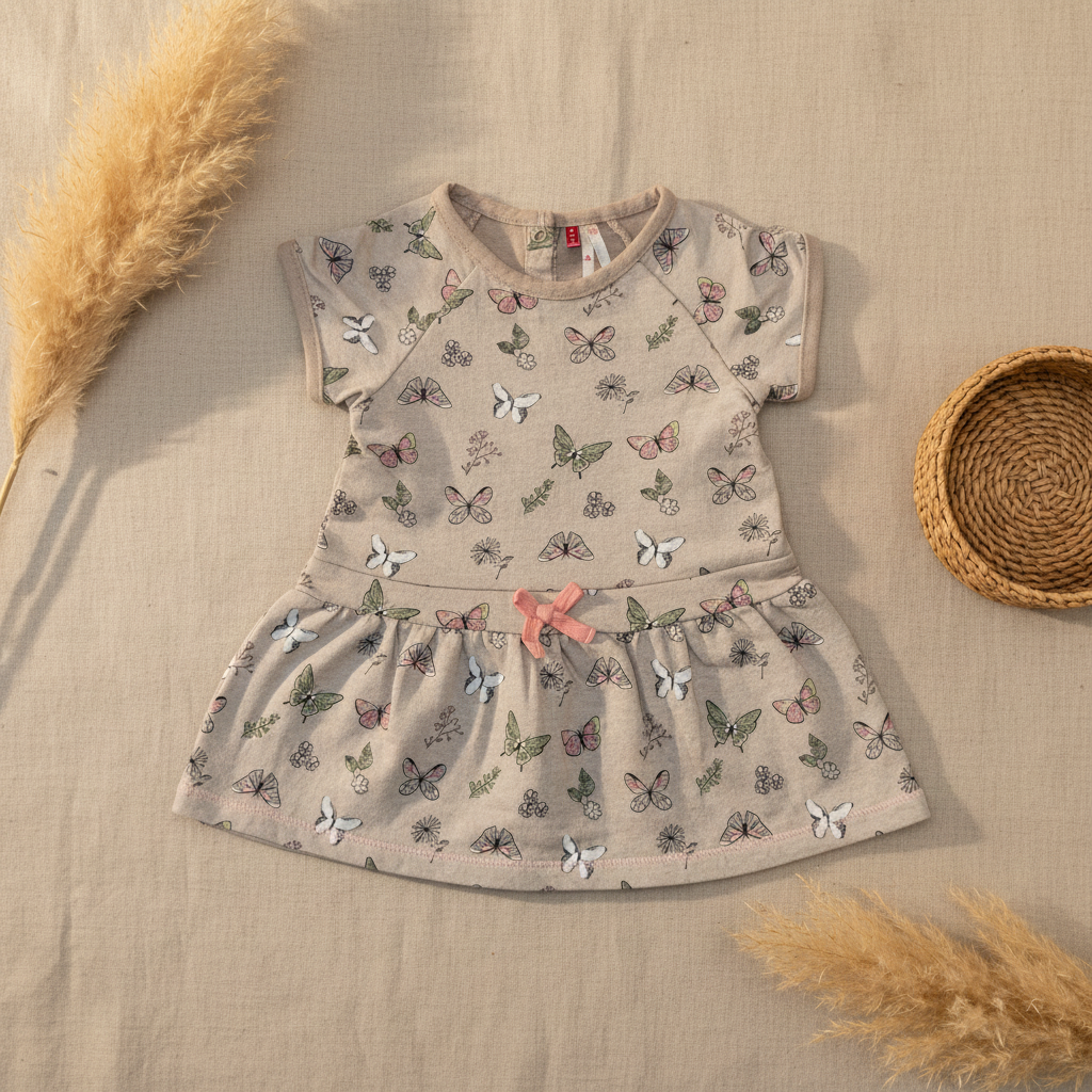 Robe grise papillons nœud rose – fond bohème