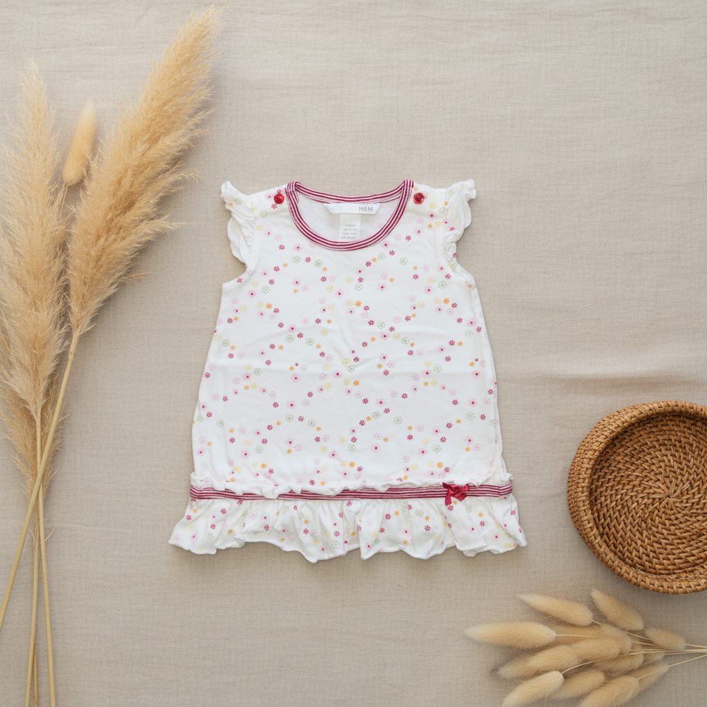 Robe H&M blanche petites fleurs col rayé rouge – fond bohème