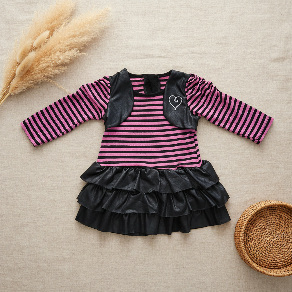 Robe rayée rose noir bolero simili cuir – fond bohème
