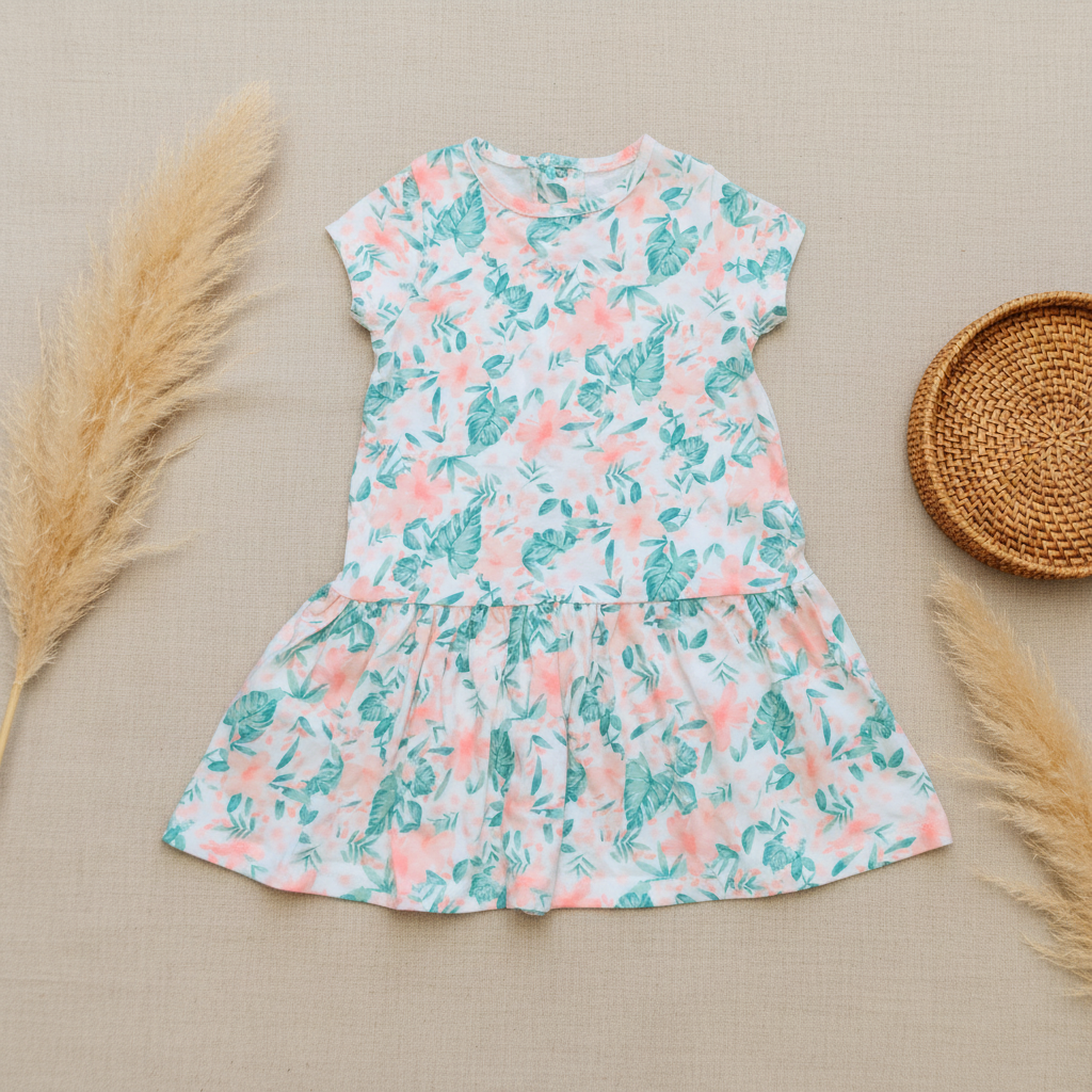 Robe tropicale fleurs corail feuilles vertes – fond bohème