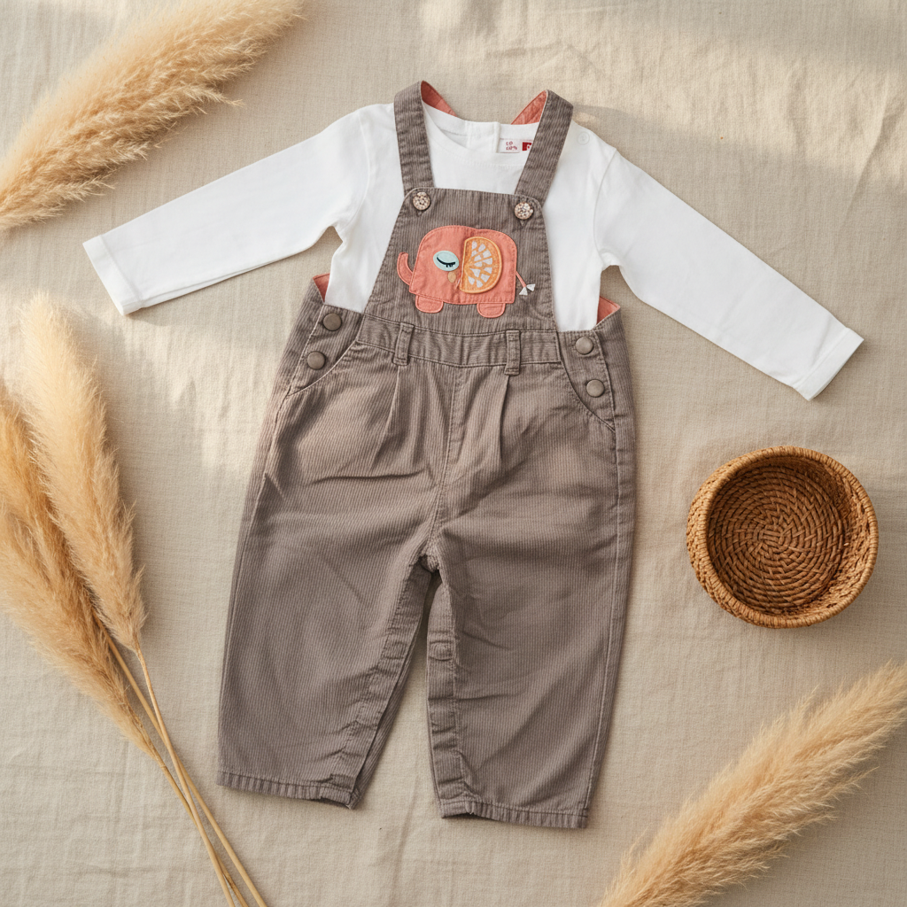 Salopette taupe éléphant + t-shirt blanc – fond bohème
