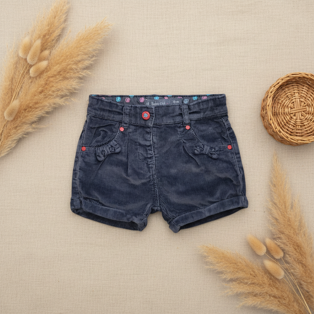 Short velours côtelé marine boutons rouges "Baby Girl" – fond bohème