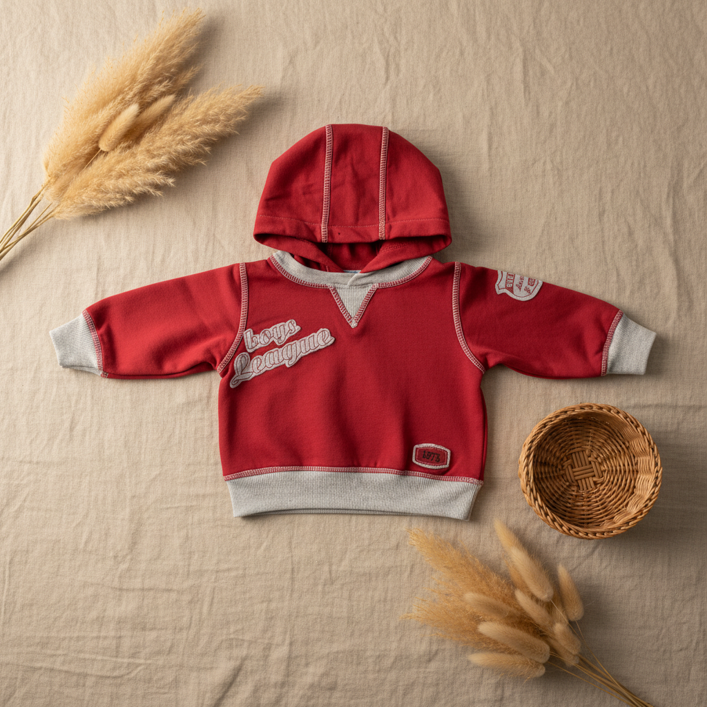 Sweat rouge à capuche "Boys League" – fond bohème
