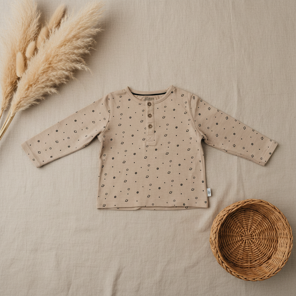 T-shirt beige imprimé planètes boutons col – fond bohème