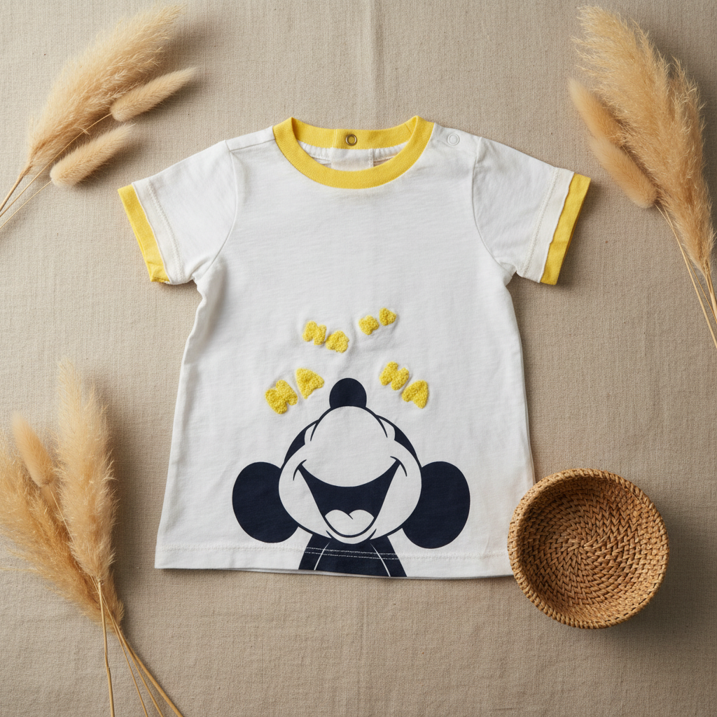T-shirt blanc jaune souris "Ha Ha" – fond bohème