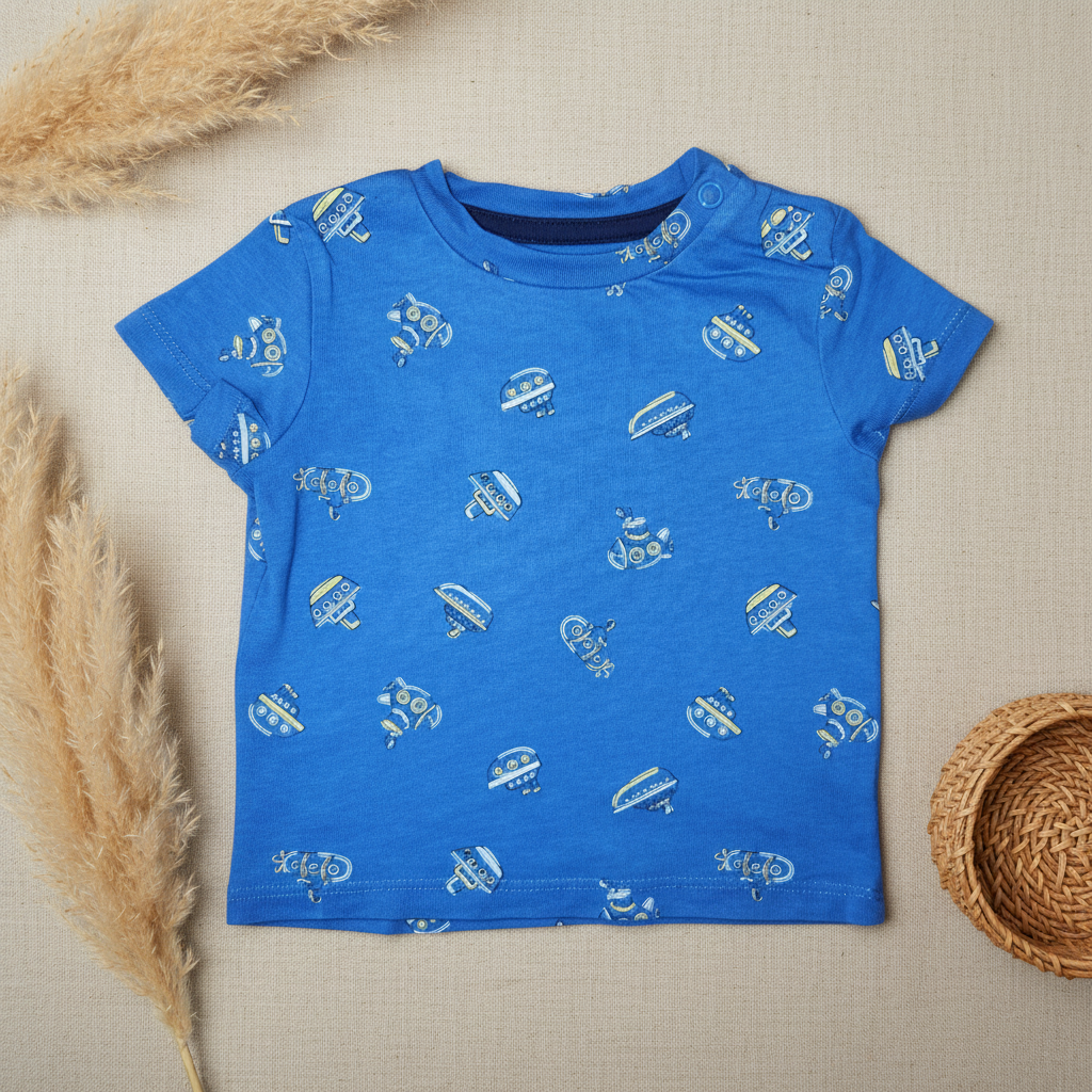 T-shirt bleu royal robots sous-marins – fond bohème