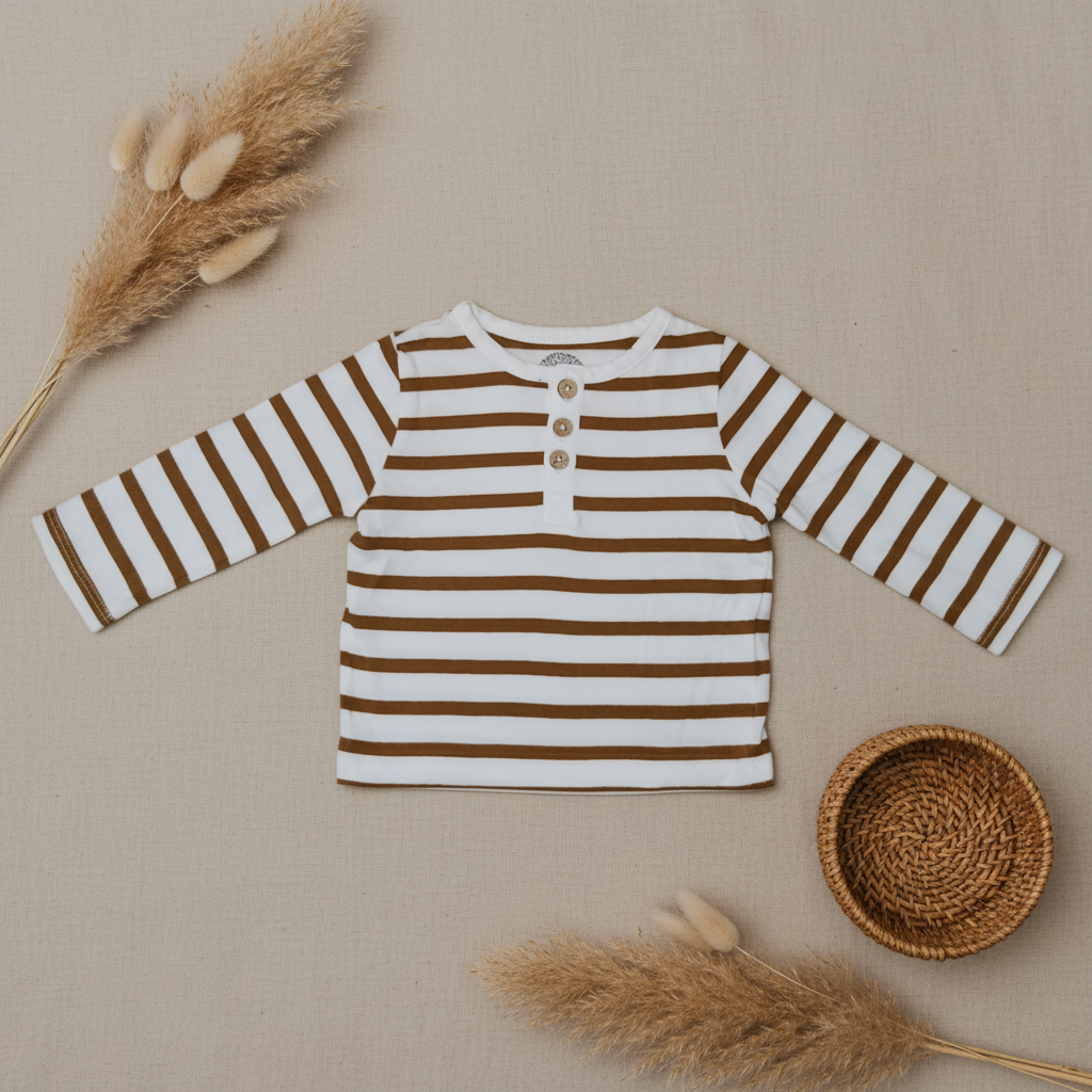 T-shirt rayé blanc caramel boutons col – fond bohème