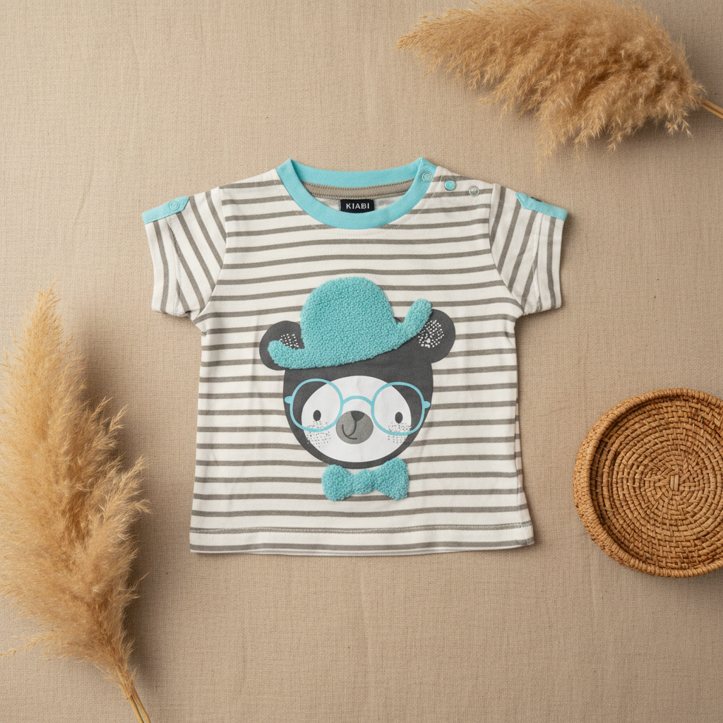 T-shirt rayé panda turquoise Kiabi – fond bohème