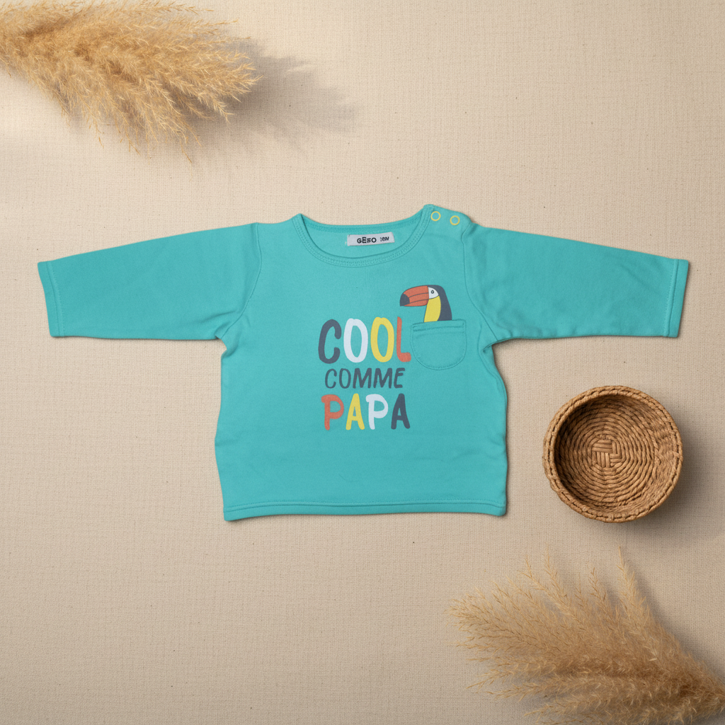 T-shirt turquoise Gémo "Cool comme Papa" toucan – fond bohème